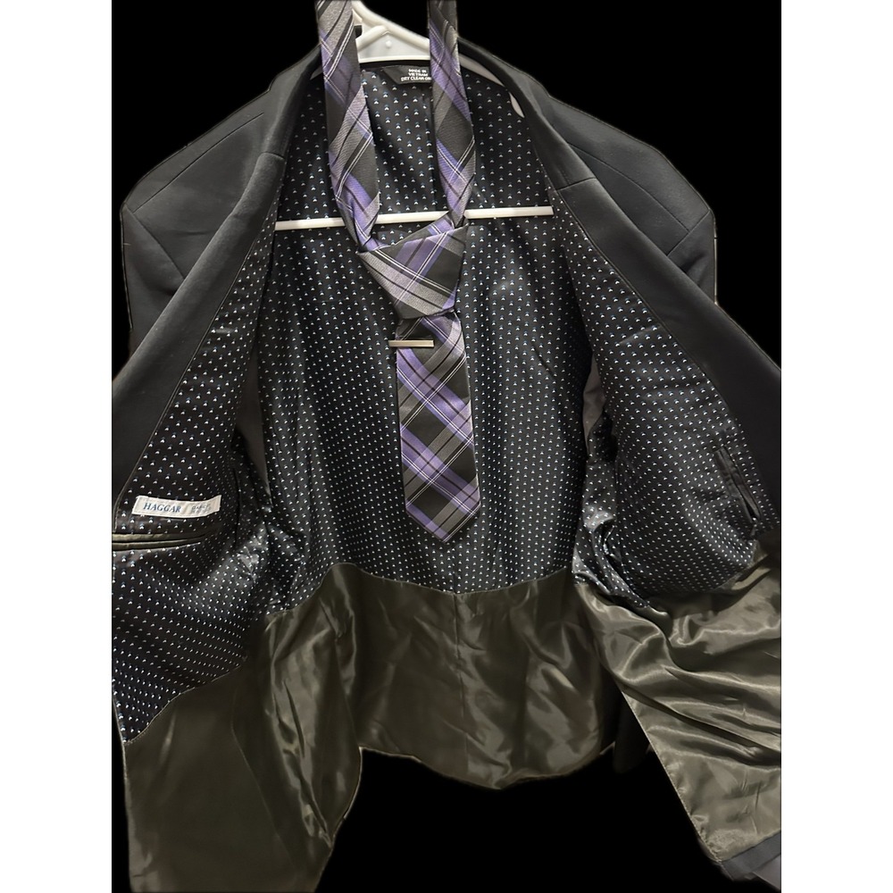 Haggar Mens Full Suit Jacket Black Button Collared Pants Size 38x34 & Tie - Picture 4 of 4